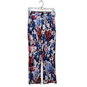 Karen Kane floral red blue over off white pull on pants size Small